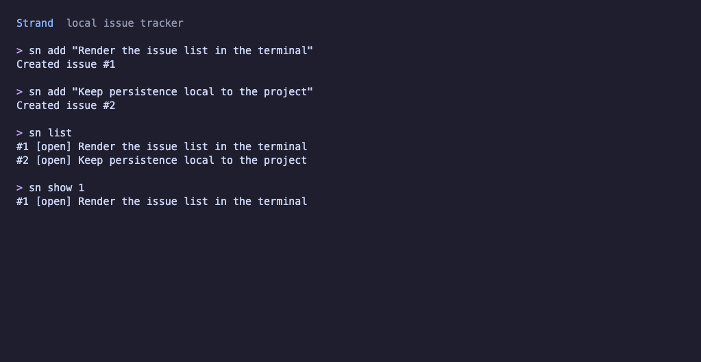 Strand CLI creating, listing, and showing local issues